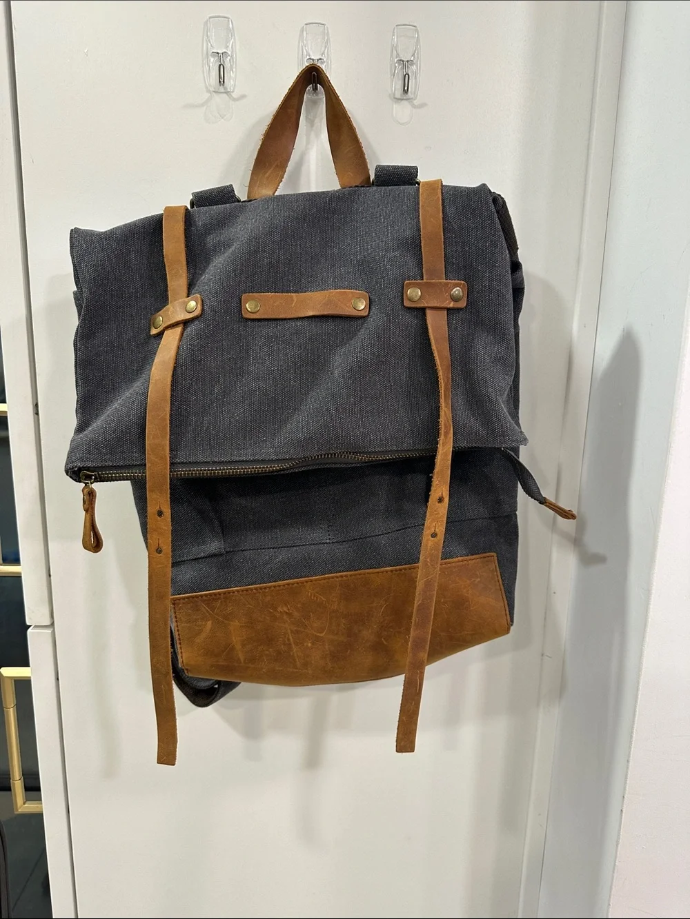 Crazy Lou Paris Canvas & Leather Roll-Top Backpack - Black and Brown